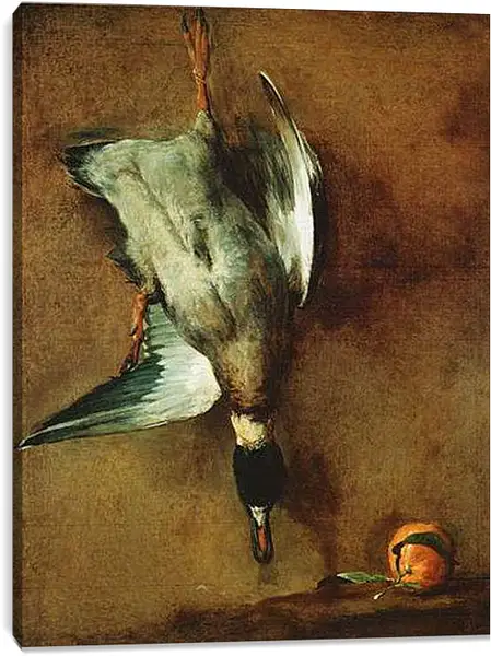 Постер на подрамнике - Селезень кряквы, висящий на стене, и севильский апельсин. Un canard col-vert attache a la muraille et une bigarade. Жан Батист Симеон Шарден