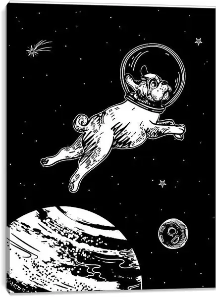 Постер на подрамнике - Астронавт-мопс летает в космосе