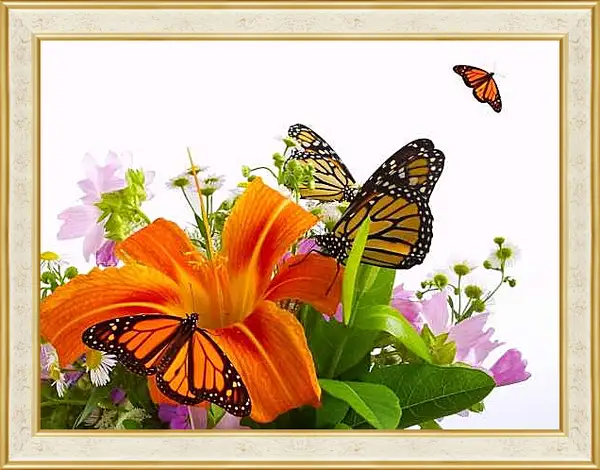 Картина в раме - Бабочки на цветке