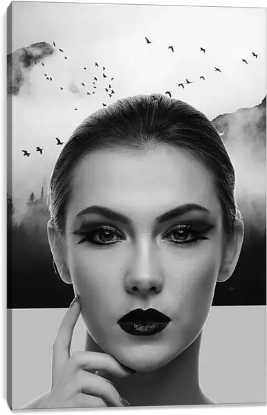 Постер на подрамнике - Лицо девушки на фоне птиц