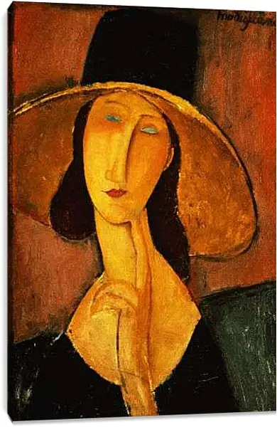 Постер на подрамнике - Портрет Жанны Эбютерн в большой шляпе. Амедео Модильяни