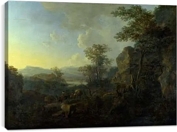 Постер на подрамнике - Скалистый пейзаж с крестьянами и гружёными мулами. Ян Бот