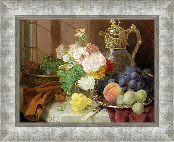 Картина в раме - Carnations in a glass vase on a draped marble ledge. Стэннард Элоиза Гарриет