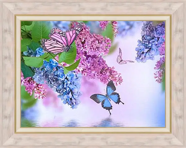 Картина в раме - Сирень и бабочки