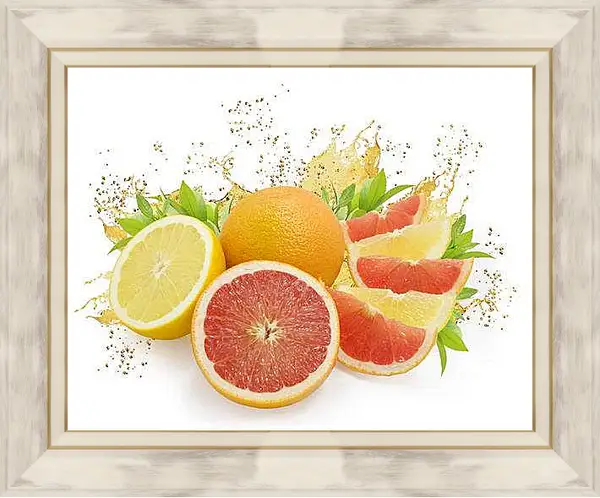 Картина в раме - Фруктовое ассорти на белом фоне. Цитрусовый взрыв.