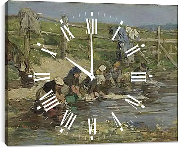 Часы картина - Laundresses by a Stream. Эжен Буден