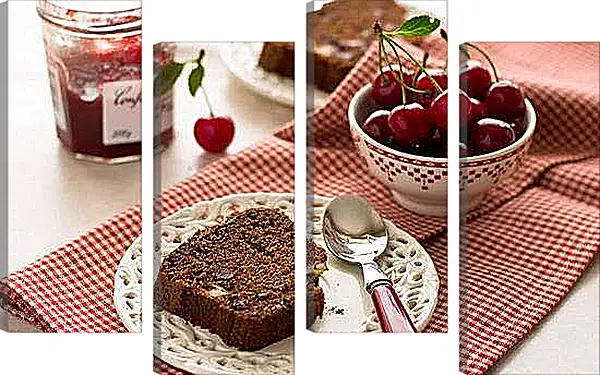 Модульная картина - Баночка варенья, вишня и два кусочка торта. Сладкое Настроение.
