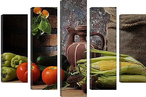 Модульная картина - Кукуруза и помидоры. Деревенский натюрморт.