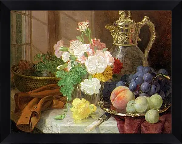 Картина в раме - Carnations in a glass vase on a draped marble ledge. Стэннард Элоиза Гарриет