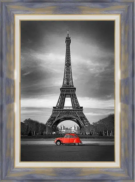 Картина в раме - Красная машина на фоне Эйфелевой башни