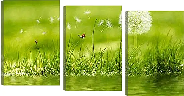 Модульная картина - Одинокий белый одуванчик и божьи коровки