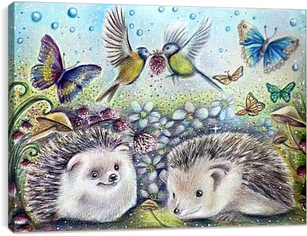 Постер на подрамнике - Два ежа и бабочка