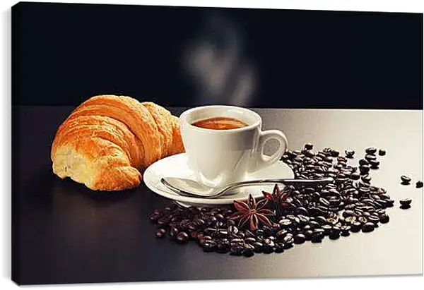 Постер на подрамнике - Чашка на блюдце, круассан и зёрна кофе. Утреннее наслаждение.