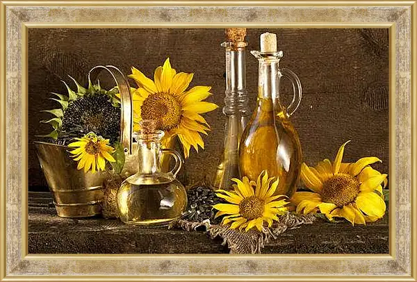 Картина в раме - Подсолнухи и три бутылки подсолнечного масла. Солнечная симфония вкуса.