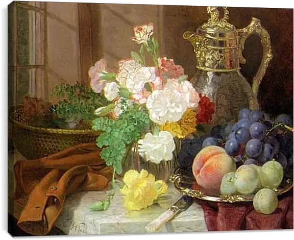 Постер на подрамнике - Carnations in a glass vase on a draped marble ledge. Стэннард Элоиза Гарриет