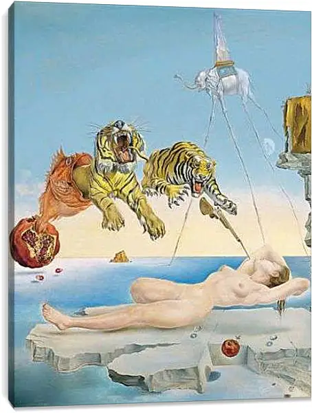 Постер на подрамнике - Sueno causado por el vuelo de una abeja alrededor de una granada un segundo antes del despertar. (Сон, вызванный полётом пчелы вокруг граната, за секунду до пробуждения) Сальвадор Дали