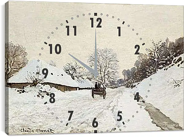 Часы картина - A Cart on the Snowy Road at Honfleu. Клод Моне