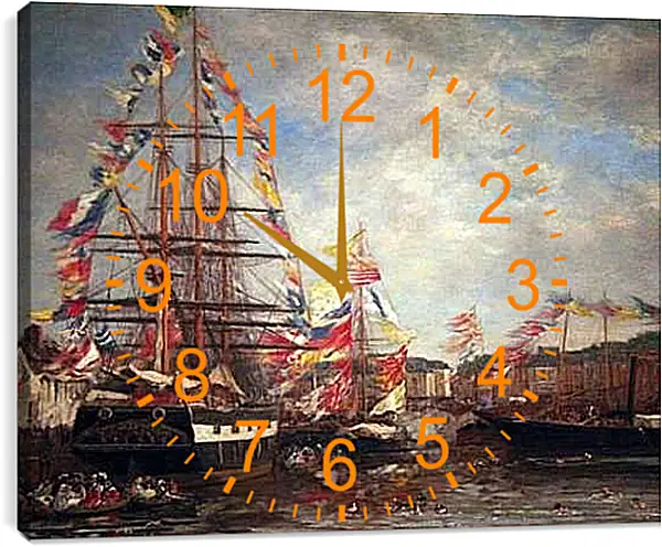Часы картина - Festival in the Harbor of Honfleur. Эжен Буден