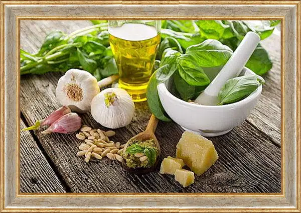 Картина в раме - Ингридиенты для соуса Песто. Ингредиенты для песто.