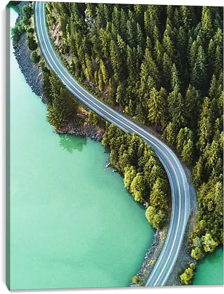 Постер на подрамнике - Изогнутая дорога вдоль водоёма