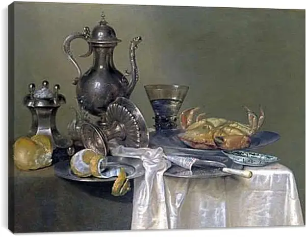Постер на подрамнике - Натюрморт с оловянным и серебрянным сосудами и крабом. Виллем Клас Хеда