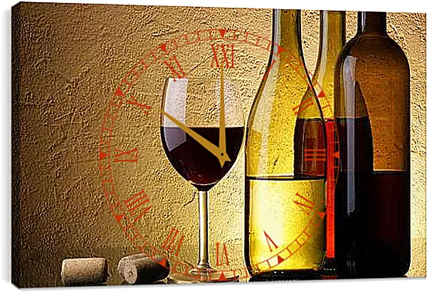 Часы картина - Две бутылки с вином и бокал. Винная Гармония.