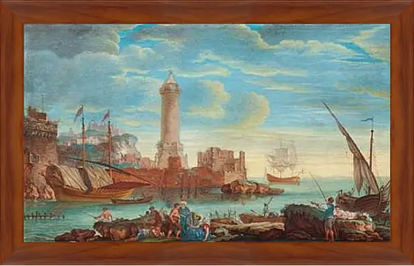 Картина в раме - Sydlandsk hamnbild med figurer och batar. Клод Жозеф Верне