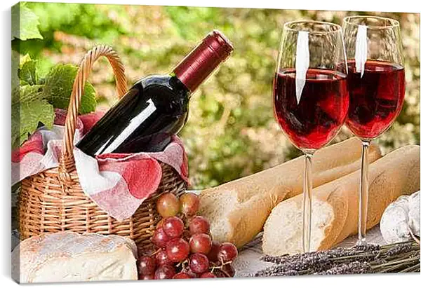 Постер на подрамнике - Два бокала вина и бутылка в корзине. Вкус жизни.