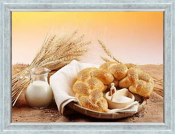 Картина в раме - Молоко, хлеб, пшеница. Утро начинается с хлеба.
