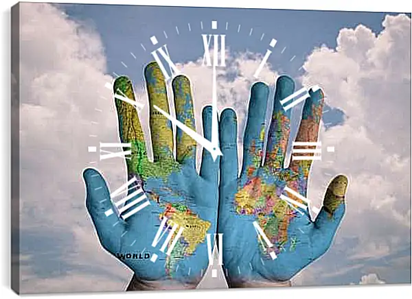 Часы картина - Карта мира на ладонях