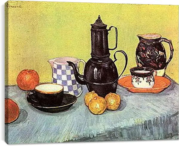Постер на подрамнике - Still Life Blue Enamel Coffeepot, Earthenware and Fruit. Винсент Ван Гог