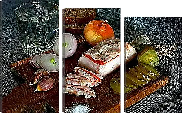 Модульная картина - Лук, чеснок, сало и солёный огурец на досточке. Натюрморт с салом.