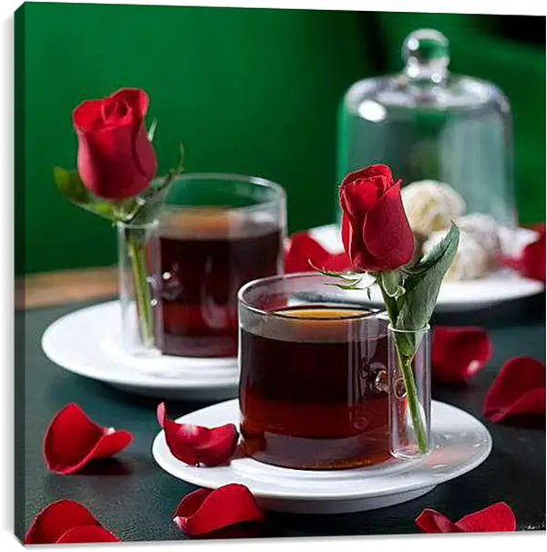 Постер на подрамнике - Чай и роза. Романтический натюрморт.
