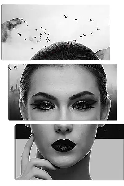 Модульная картина - Лицо девушки на фоне птиц