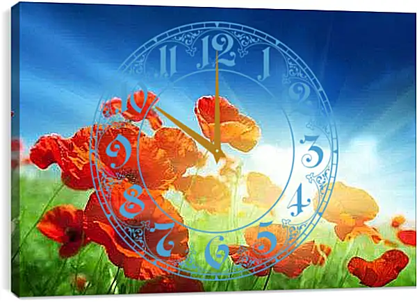 Часы картина - Маки в лучах восходящего солнца