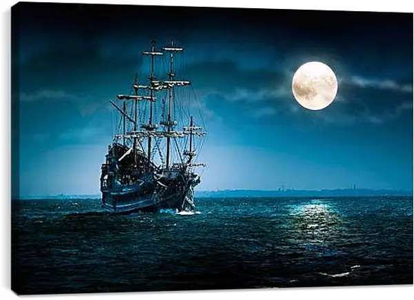 Постер на подрамнике - Фрегат в полнолуние