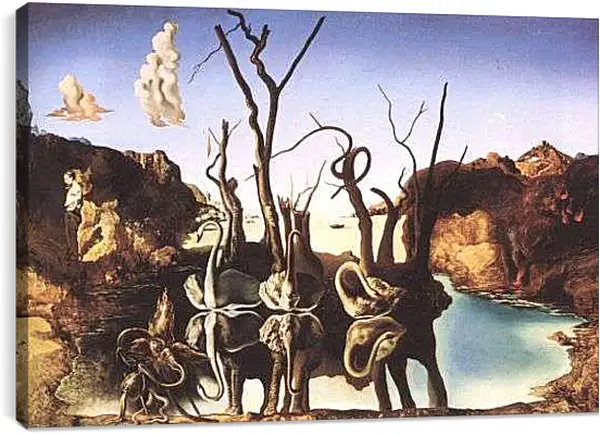 Постер на подрамнике - Лебеди, отражающиеся в слонах. Сальвадор Дали