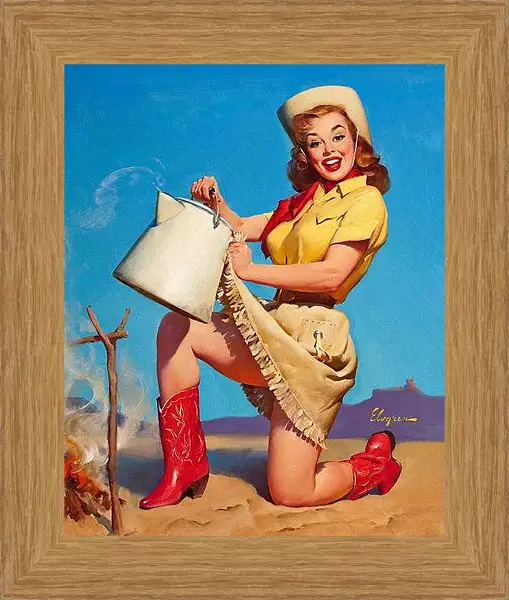 Картина в раме - Девушка в красных сапожках с чайником. Пин ап