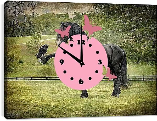 Часы картина - Вороной конь и ворон