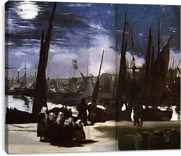 Постер на подрамнике - Clair de Lune sur le port de Boulogne,Moonlight on the wearing of Boulogne, Huile sur toile. Эдуард Мане