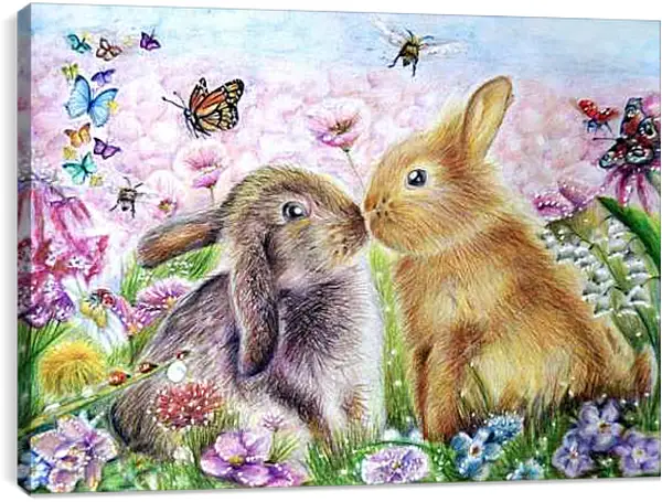 Постер на подрамнике - Пара зайчат и бабочки