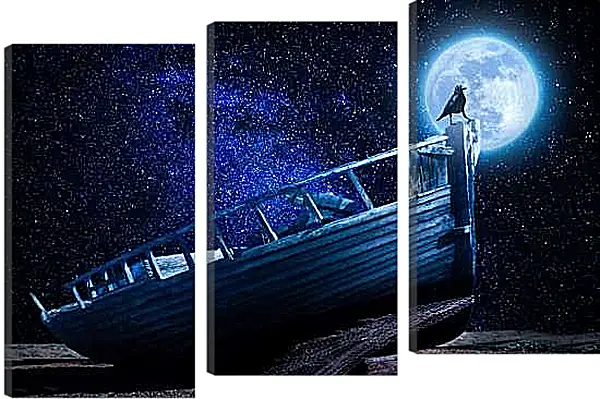 Модульная картина - Чёрный ворон на фоне Луны