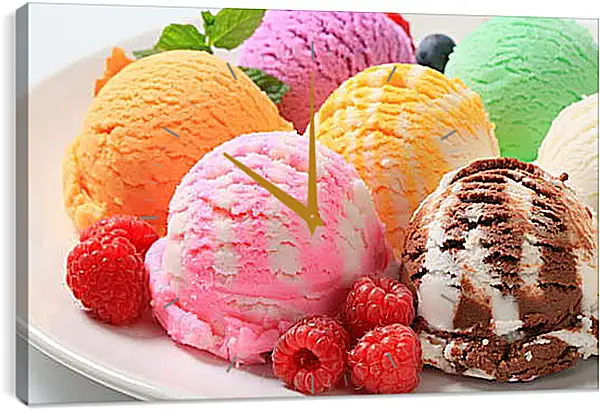 Часы картина - Разноцветный десерт в большой тарелке с малиной