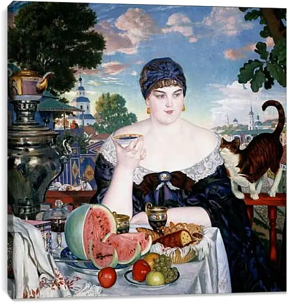 Постер на подрамнике - Купчиха за чаем. Борис Кустодиев