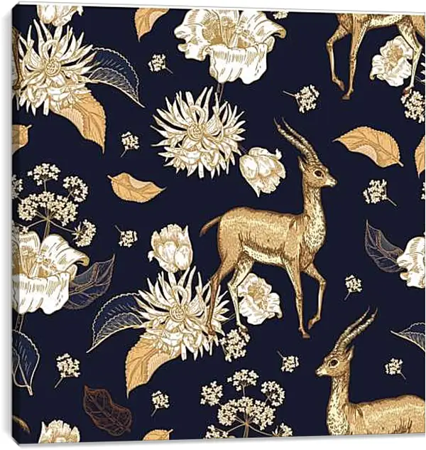 Постер на подрамнике - Винтажная композиция с ланью и цветами