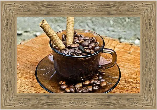 Картина в раме - Зёрна кофе в чашке на блюдце и сладкие палочки. Ароматное начало.