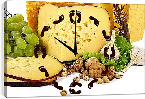 Часы картина - Виноград, сыр, орехи и чеснок. Сырное Изобилие.