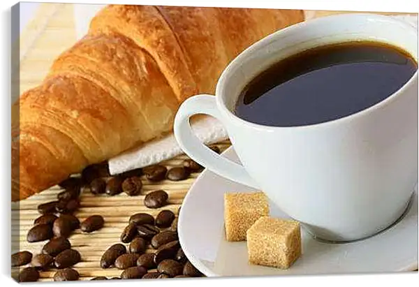 Постер на подрамнике - Чашка кофе с багетом. Утреннее наслаждение.