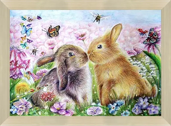 Картина в раме - Пара зайчат и бабочки