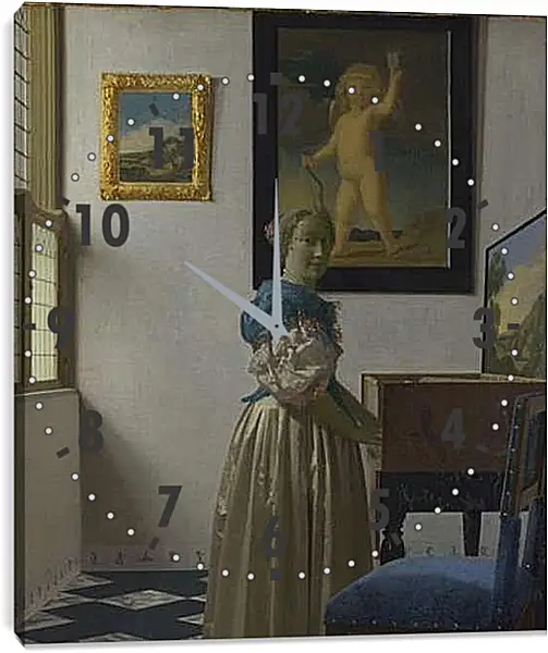 Часы картина - A Young Woman standing at a Virginal. Ян (Йоханнес) Вермеер